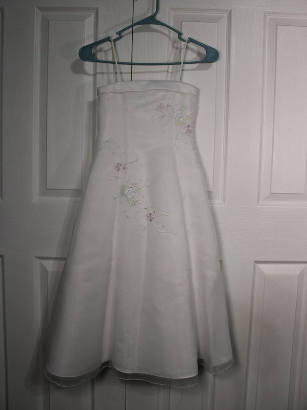 Davids Bridal White Tea-Length Children's Flower Girl Dress w/Floral Embroidery